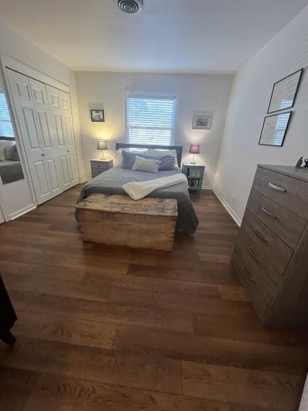 bedroom featuring dark wood-type flooring and a closet