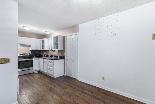 kitchen featuring dark countertops, dark wood-type flooring, stainless steel electric range, under cabinet range hood, and a sink