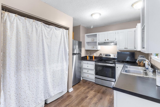 kitchen with stainless steel appliances, dark countertops, a sink, and under cabinet range hood