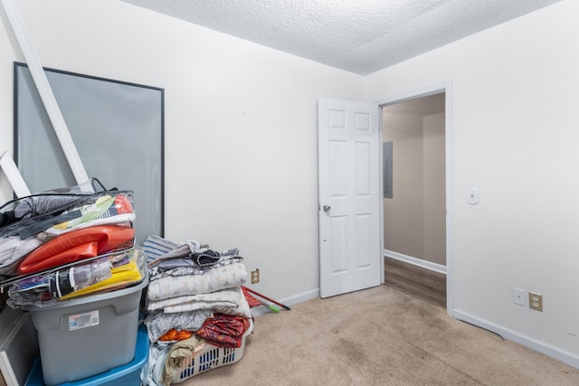 bedroom with a textured ceiling, carpet floors, electric panel, and baseboards