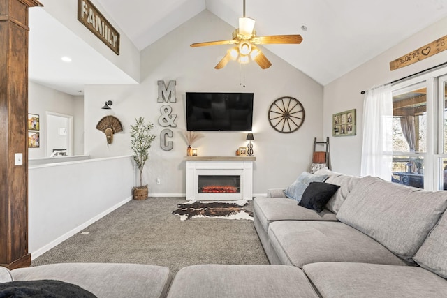 living room featuring high vaulted ceiling, ceiling fan, and carpet flooring