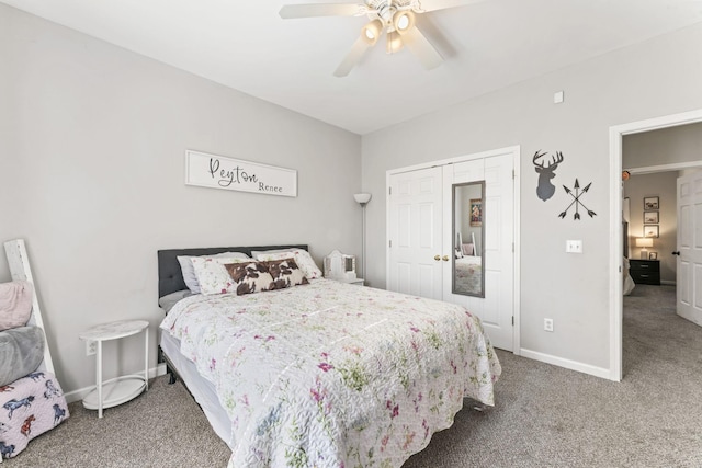 bedroom featuring carpet, ceiling fan, and a closet