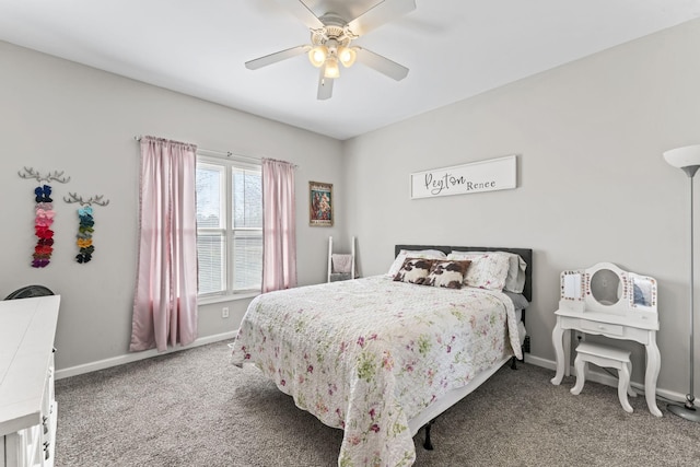 bedroom with ceiling fan and carpet