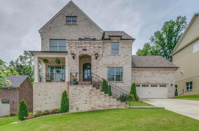 view of front of house featuring a garage, a porch, and a front yard