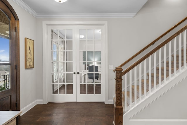 doorway with french doors, ornamental molding, and dark hardwood / wood-style floors