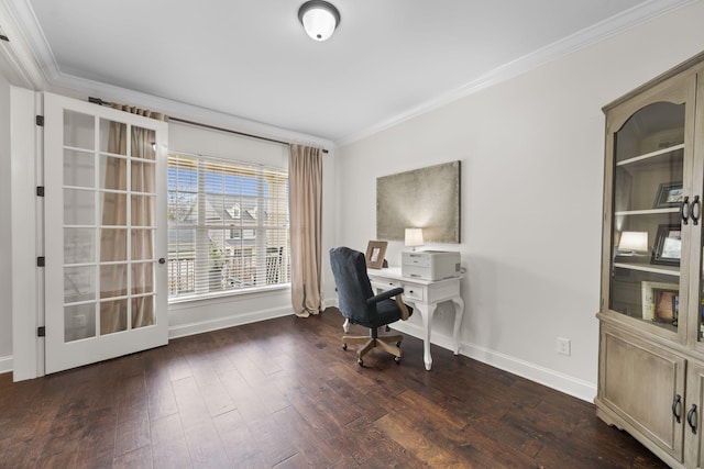 home office featuring crown molding and dark hardwood / wood-style flooring