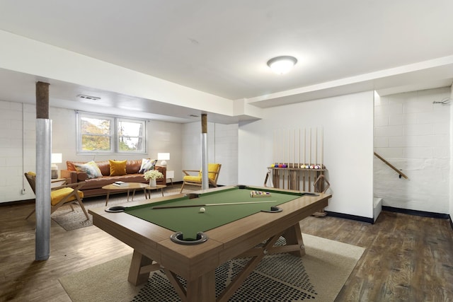 playroom with dark hardwood / wood-style flooring and billiards