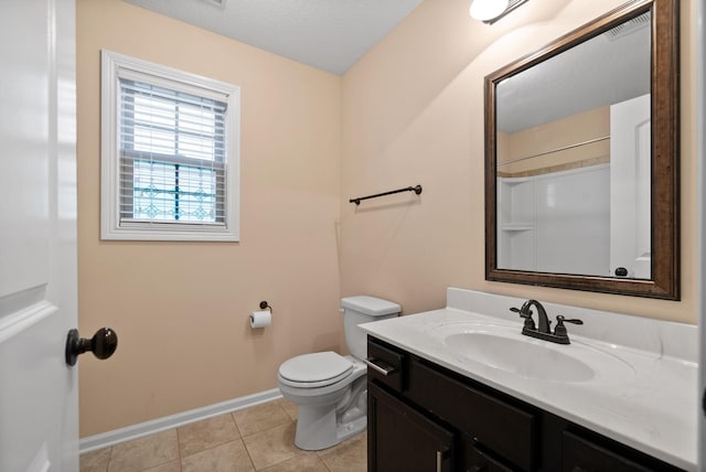 bathroom with walk in shower, tile patterned floors, toilet, a textured ceiling, and vanity