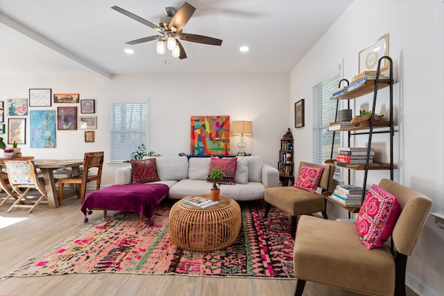 living room with ceiling fan and light wood-type flooring