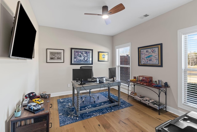 home office featuring hardwood / wood-style floors and ceiling fan