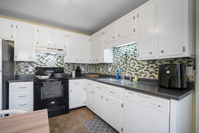 kitchen with white cabinetry, white dishwasher, sink, and electric range