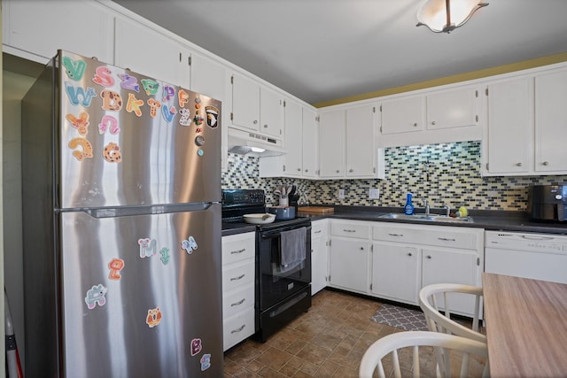 kitchen featuring white cabinetry, black electric range oven, sink, and stainless steel fridge