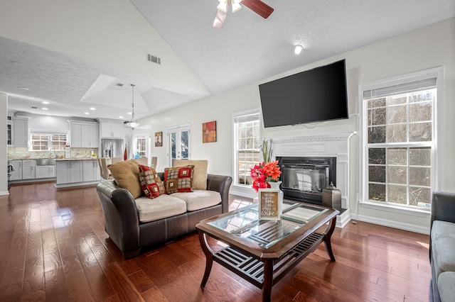 living room with lofted ceiling, sink, a textured ceiling, dark hardwood / wood-style flooring, and ceiling fan