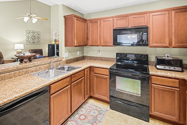 kitchen with light tile patterned flooring, ceiling fan, sink, and black appliances