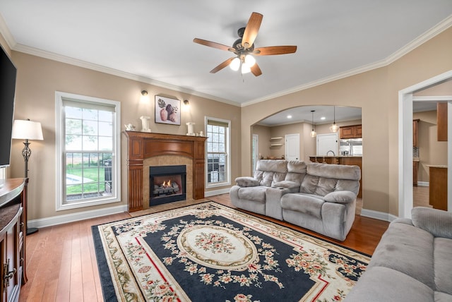 living room with hardwood / wood-style flooring, crown molding, a wealth of natural light, and a fireplace