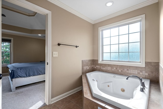 bathroom featuring crown molding, tile patterned floors, and a relaxing tiled tub