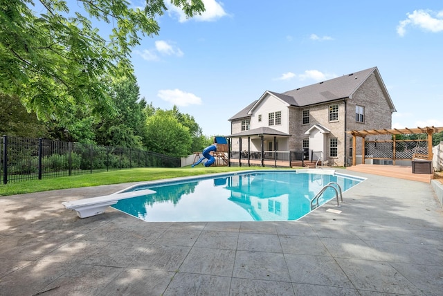 view of swimming pool featuring a patio area, a diving board, a yard, a pergola, and a playground