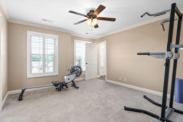 workout room with ornamental molding, carpet floors, and ceiling fan