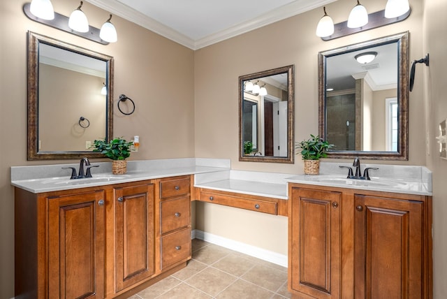 full bath with tile patterned flooring, crown molding, a tile shower, and vanity