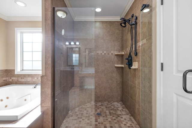 full bath with a stall shower, a jetted tub, and crown molding