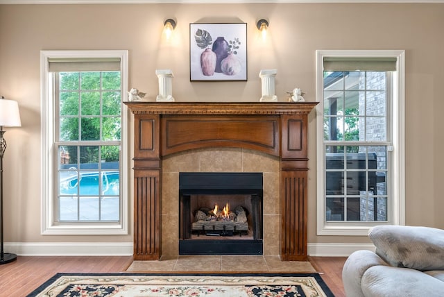 room details with a fireplace, baseboards, and wood finished floors