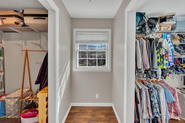 spacious closet with dark wood-type flooring