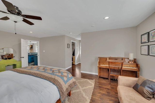 bedroom featuring ceiling fan and dark hardwood / wood-style floors