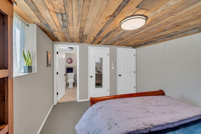 bedroom with concrete flooring, multiple windows, and wooden ceiling