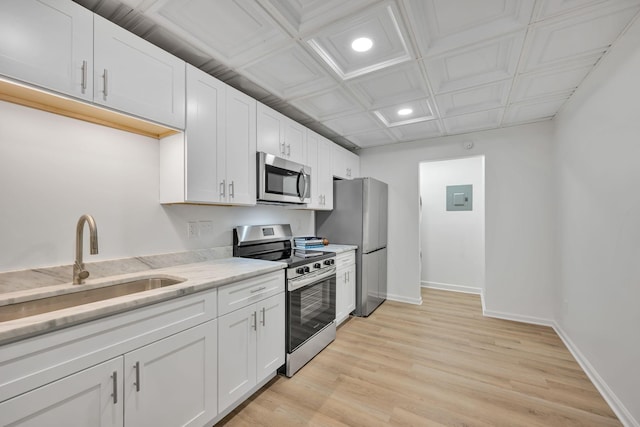 kitchen with white cabinetry, stainless steel appliances, sink, and light wood-type flooring