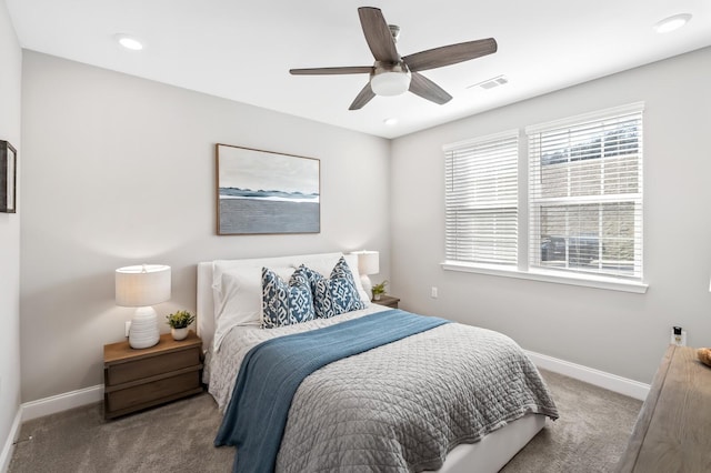 carpeted bedroom featuring ceiling fan