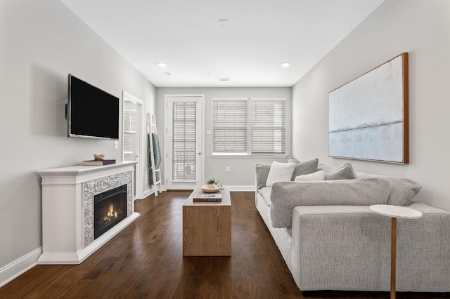 living room with dark hardwood / wood-style floors