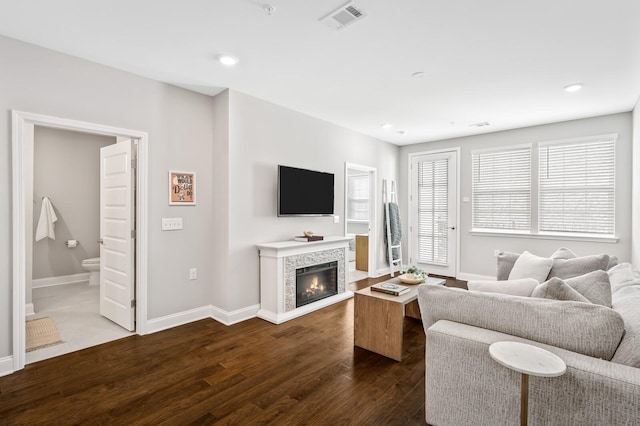 living room with dark hardwood / wood-style flooring