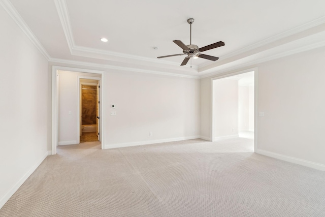 spare room featuring light colored carpet, ornamental molding, and a raised ceiling