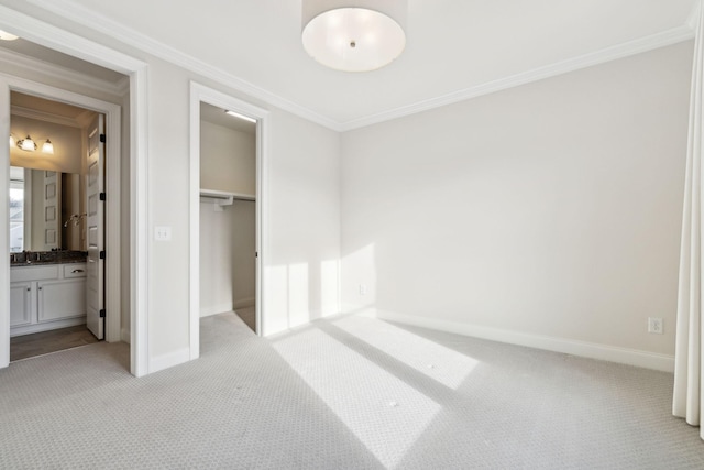 unfurnished bedroom featuring sink, ornamental molding, light colored carpet, and a closet