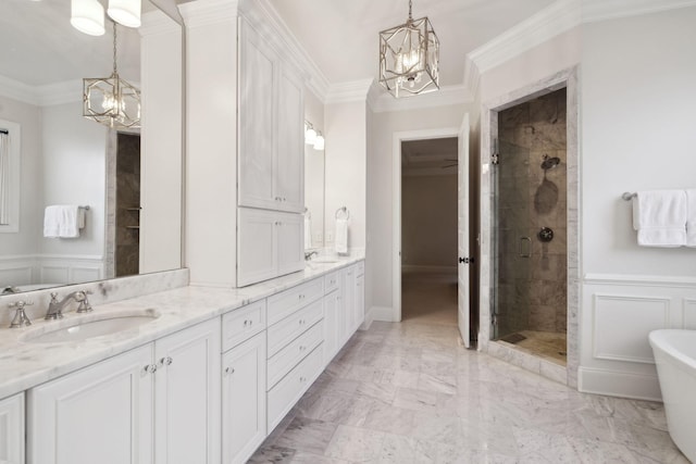 bathroom with crown molding, independent shower and bath, and a notable chandelier