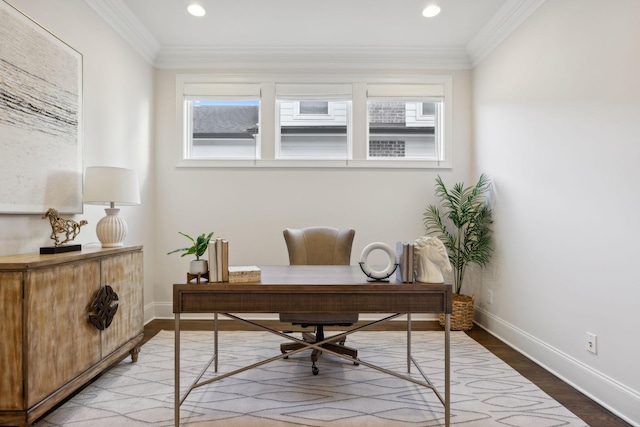 office area featuring ornamental molding and wood-type flooring