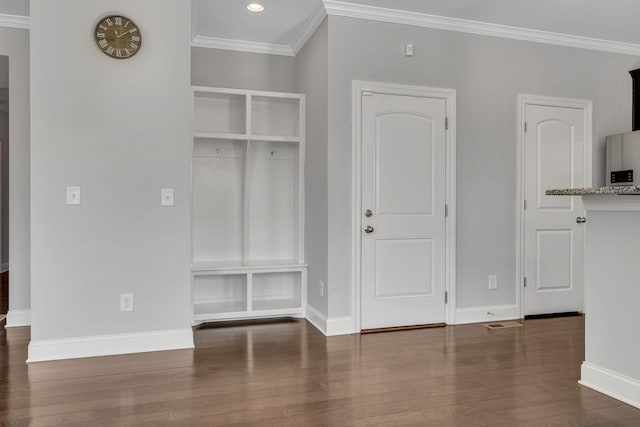 mudroom with dark wood-type flooring and ornamental molding