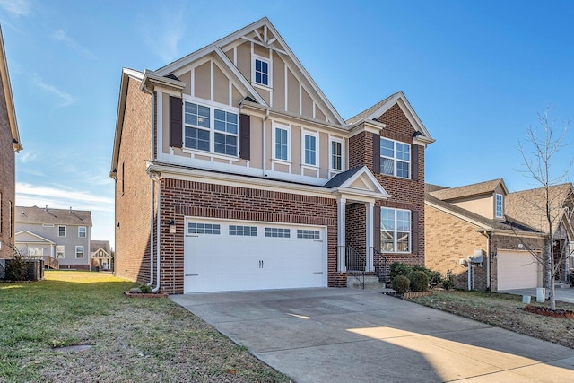 view of front facade featuring central AC unit, a garage, and a front lawn