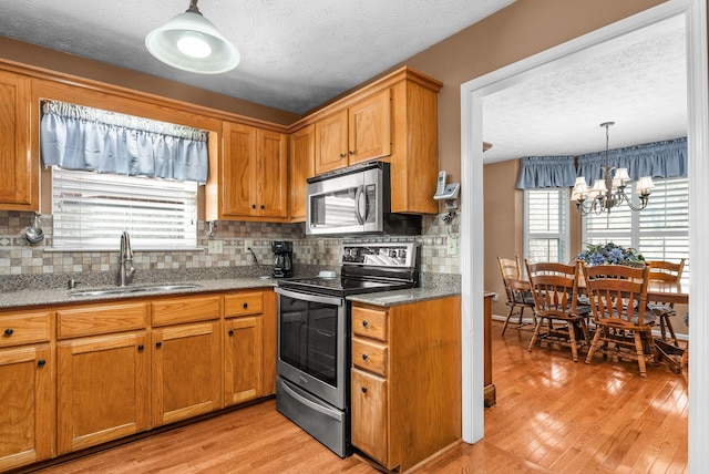 kitchen featuring pendant lighting, sink, backsplash, stainless steel appliances, and light wood-type flooring