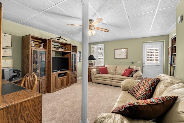 carpeted living room with a paneled ceiling, a wealth of natural light, and ceiling fan