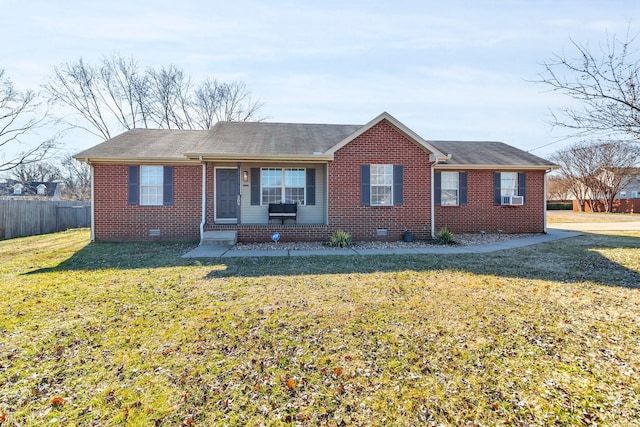 single story home with cooling unit and a front lawn