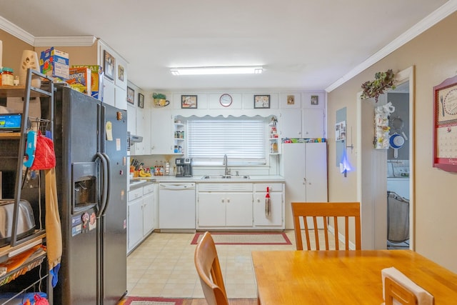 kitchen featuring sink, white cabinets, ornamental molding, white dishwasher, and stainless steel fridge with ice dispenser