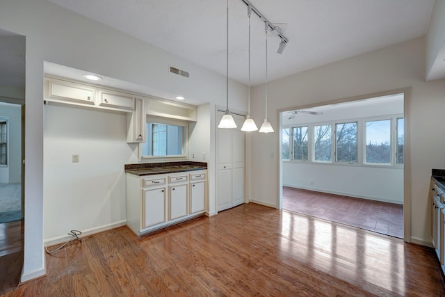 kitchen featuring pendant lighting, hardwood / wood-style flooring, rail lighting, and white cabinetry