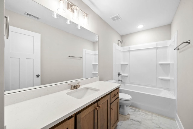 full bath featuring toilet, marble finish floor, shower / bath combination, and visible vents