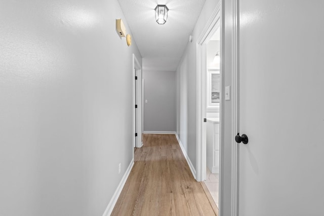 hall featuring a textured ceiling and light hardwood / wood-style flooring