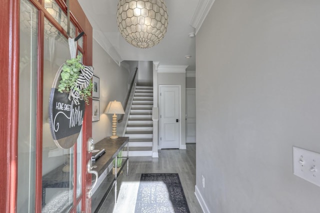 corridor with dark hardwood / wood-style flooring and crown molding