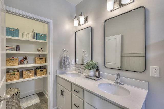 bathroom featuring vanity and wood-type flooring