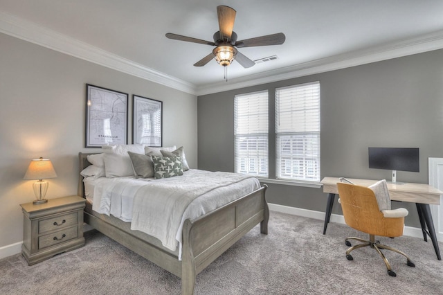 carpeted bedroom featuring ornamental molding and ceiling fan