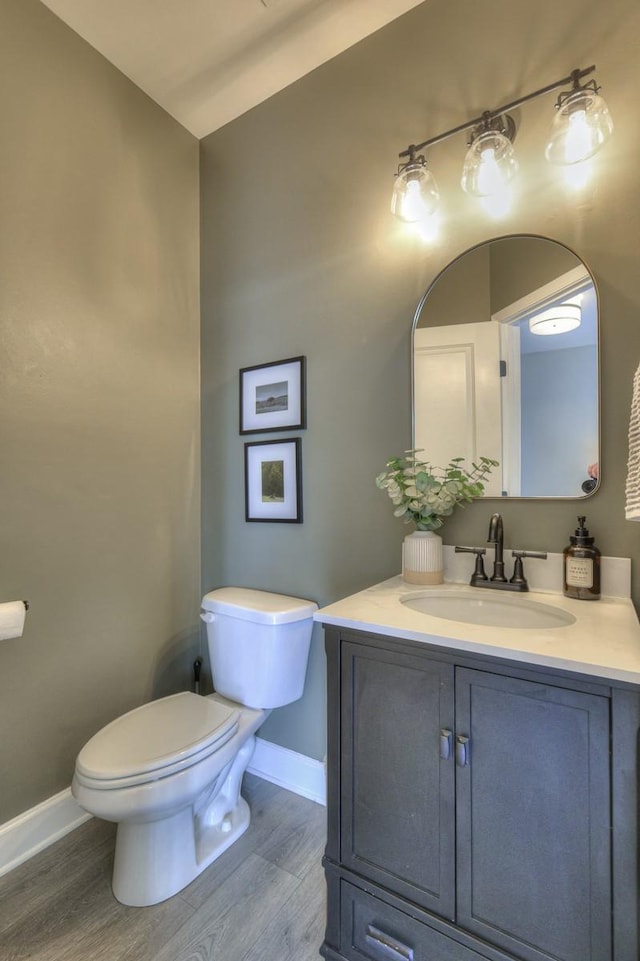 bathroom with vanity, wood-type flooring, and toilet