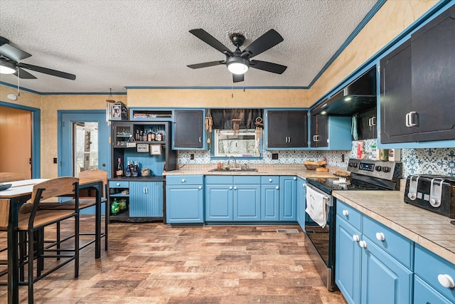 kitchen with stainless steel electric stove, blue cabinetry, sink, and range hood